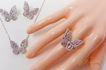 CZ pink Butterfly Necklace,Earrings And Ring Set, Swarovski Crystal Earrings, Statement Earrings, Rhinestones Hoop Earrings.
